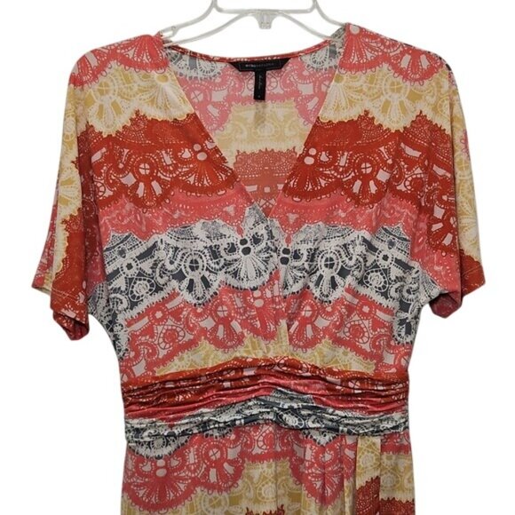 BCBGMaxAzria Faux Wrap Tereza Knee Length Short Sleeve Dress Small Colorful - Picture 3 of 11